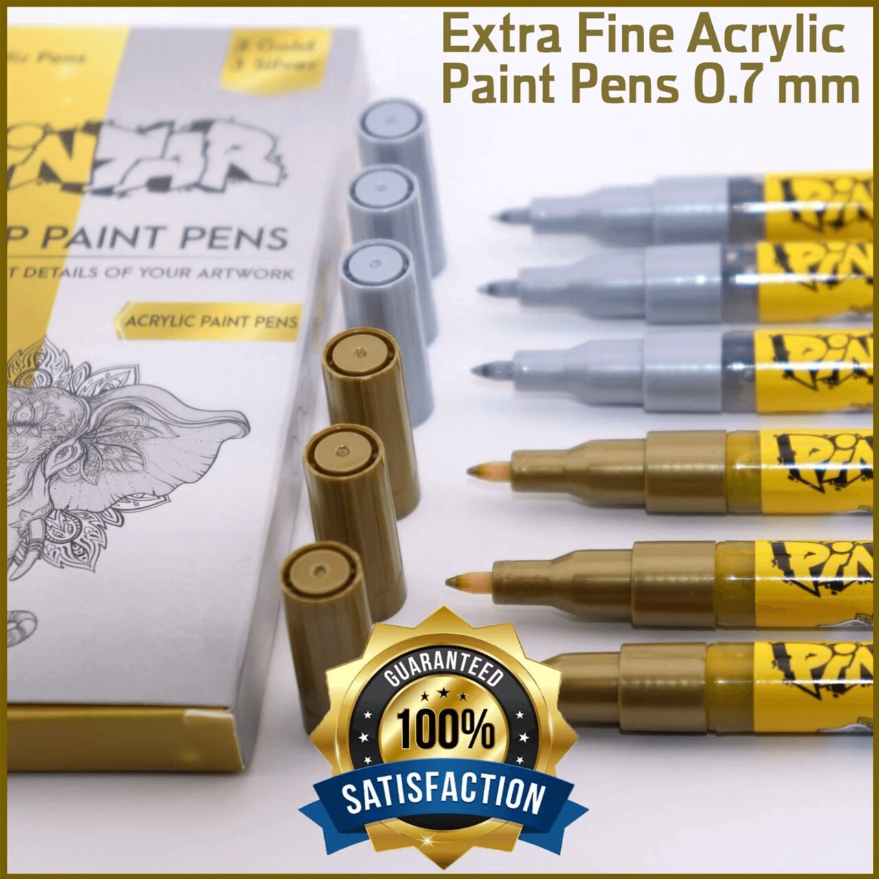 Pintar Acrylic Paint Markers - Pack of 6 Gold & Silver with 0.7 mm Tips